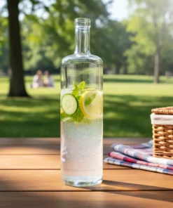 Garrafa de vidro transparente modelo Citrino 750ml, formato cilíndrico alto e fino, com base de vidro espessa e gargalo alongado para rolha.