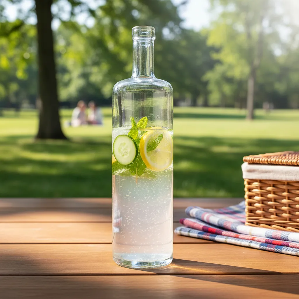 Garrafa de vidro transparente modelo Citrino 750ml, formato cilíndrico alto e fino, com base de vidro espessa e gargalo alongado para rolha.