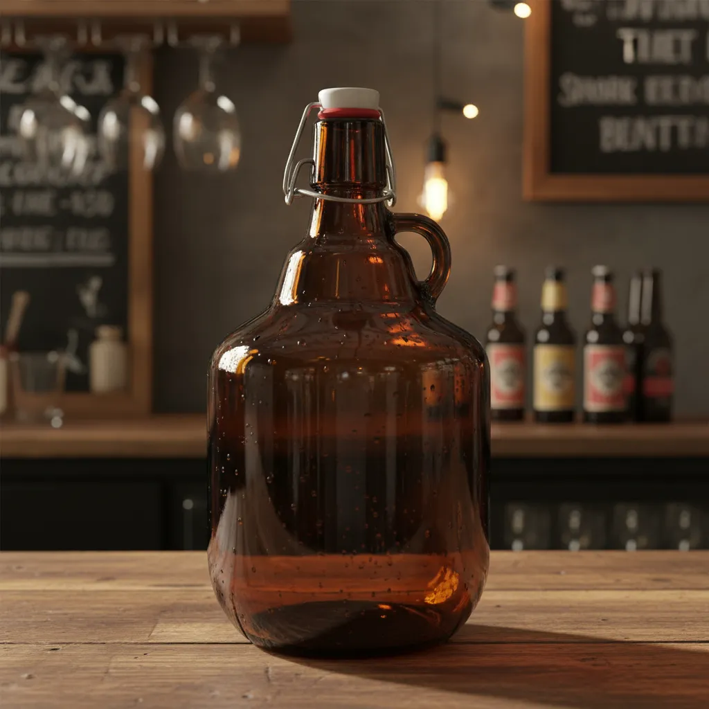 Growler de vidro 2 Litros com alça e tampa swing top para chope fresco.