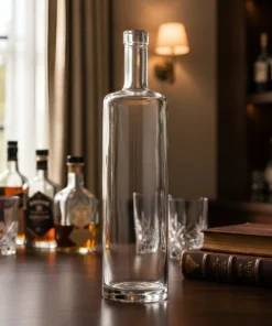 Garrafa de vidro transparente modelo Citrino 750ml, formato cilíndrico alto e fino, com base de vidro espessa e gargalo alongado para rolha.