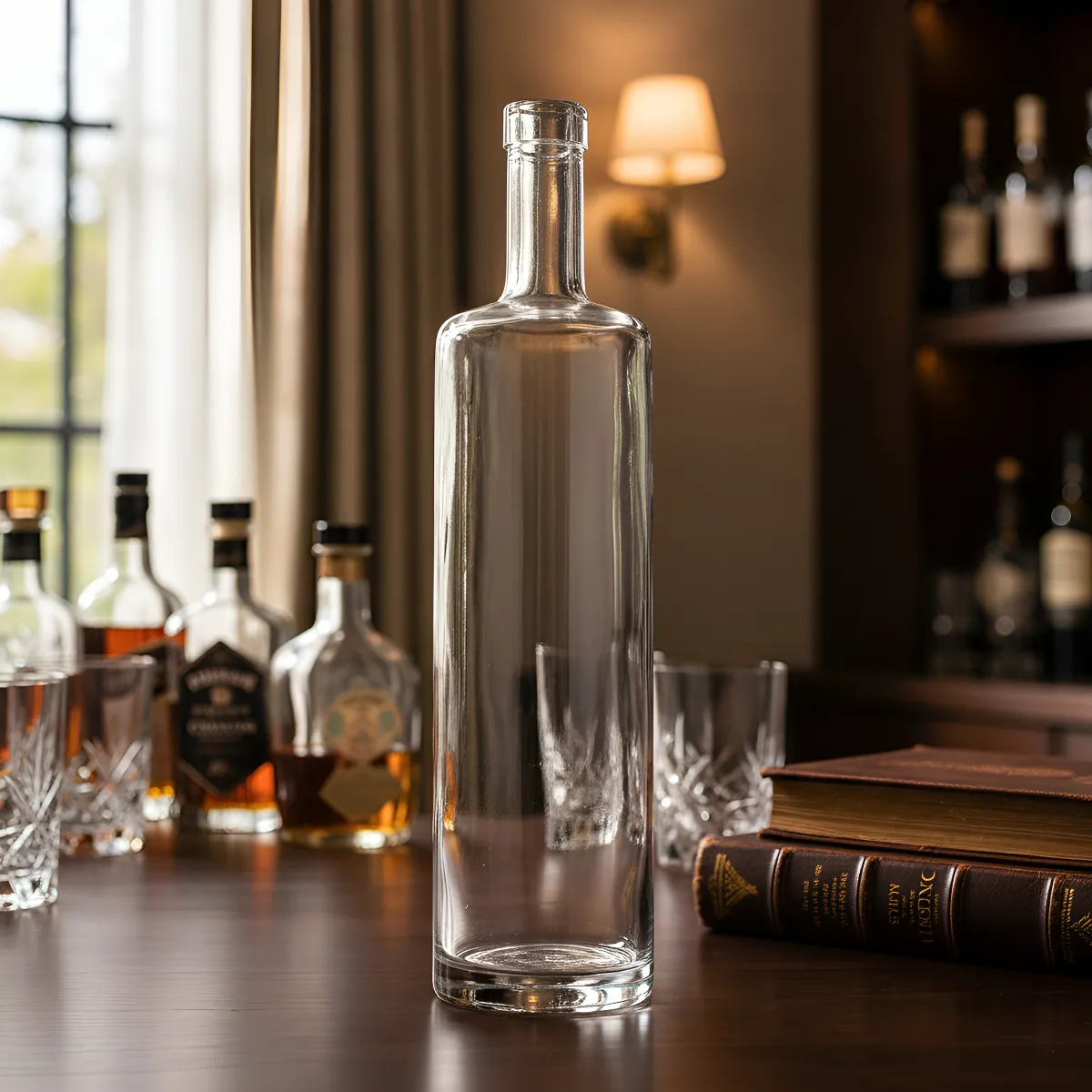 Garrafa de vidro transparente modelo Citrino 750ml, formato cilíndrico alto e fino, com base de vidro espessa e gargalo alongado para rolha.