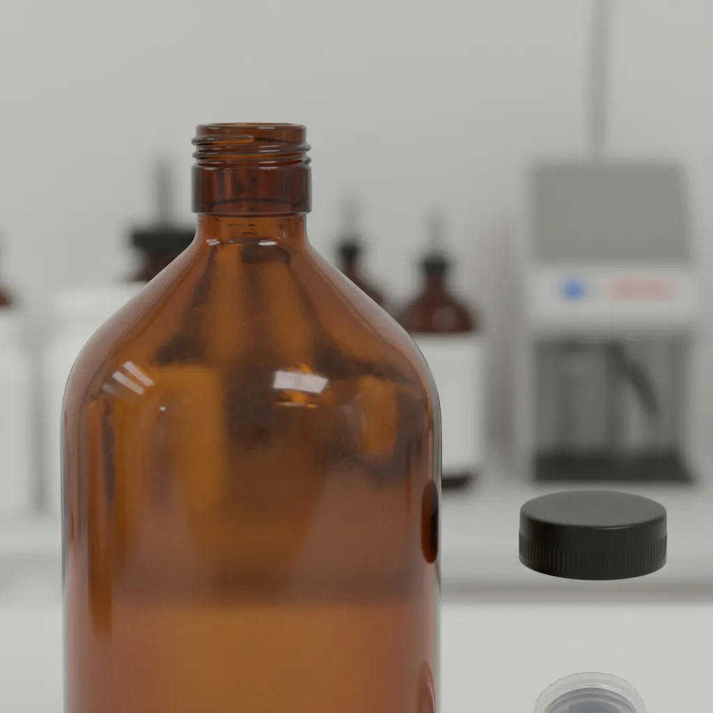 Garrafa de vidro âmbar Quimio 1 litro para proteção de óleos essenciais.