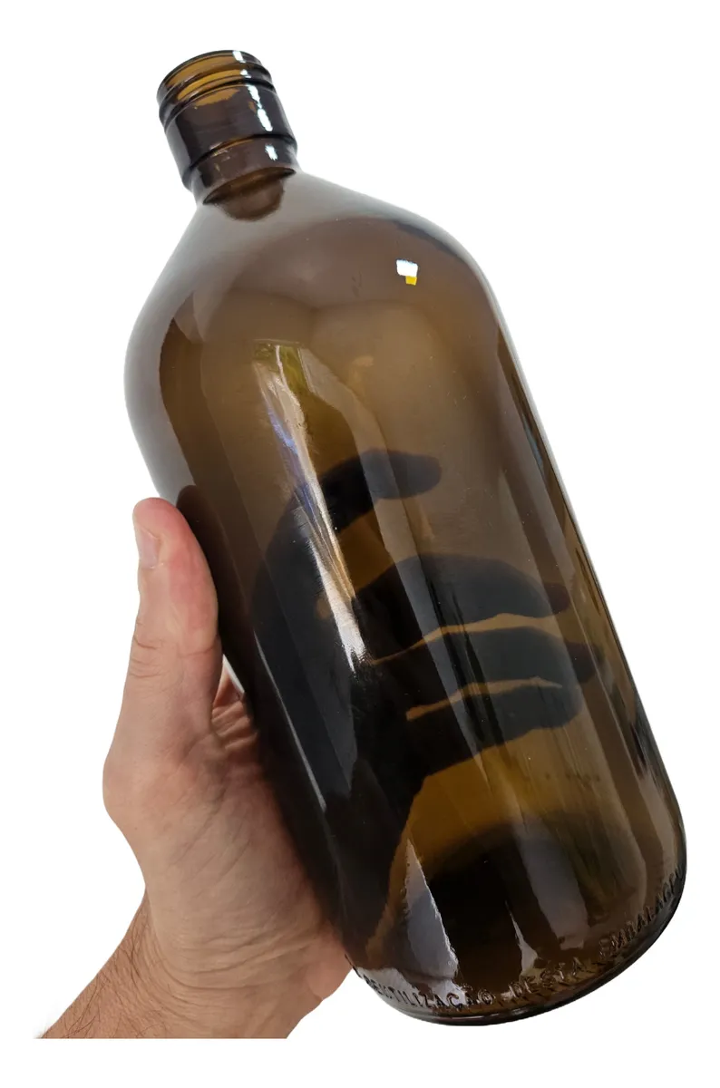 Garrafa de vidro âmbar Quimio 1 litro para proteção de óleos essenciais.