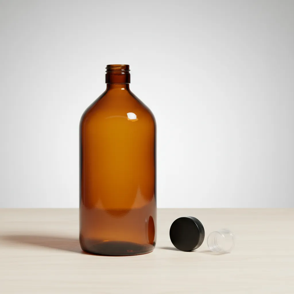 Garrafa de vidro âmbar Quimio 1 litro para proteção de óleos essenciais.