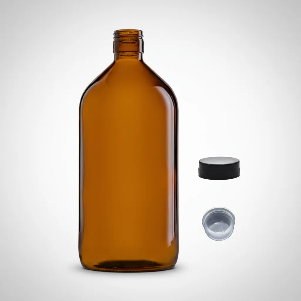Garrafa de vidro âmbar Quimio 1 litro para proteção de óleos essenciais.