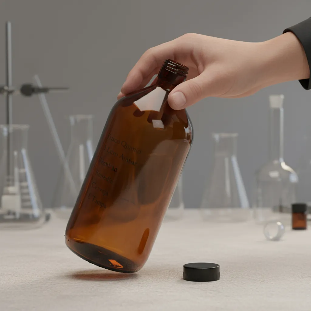Garrafa de vidro âmbar Quimio 1 litro para proteção de óleos essenciais.