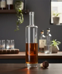 Garrafa de vidro transparente modelo Citrino 750ml, formato cilíndrico alto e fino, com base de vidro espessa e gargalo alongado para rolha.