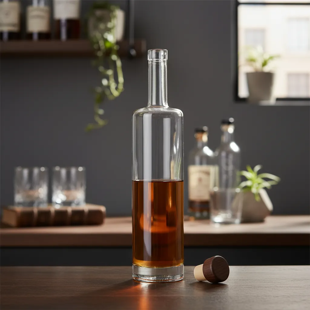 Garrafa de vidro transparente modelo Citrino 750ml, formato cilíndrico alto e fino, com base de vidro espessa e gargalo alongado para rolha.
