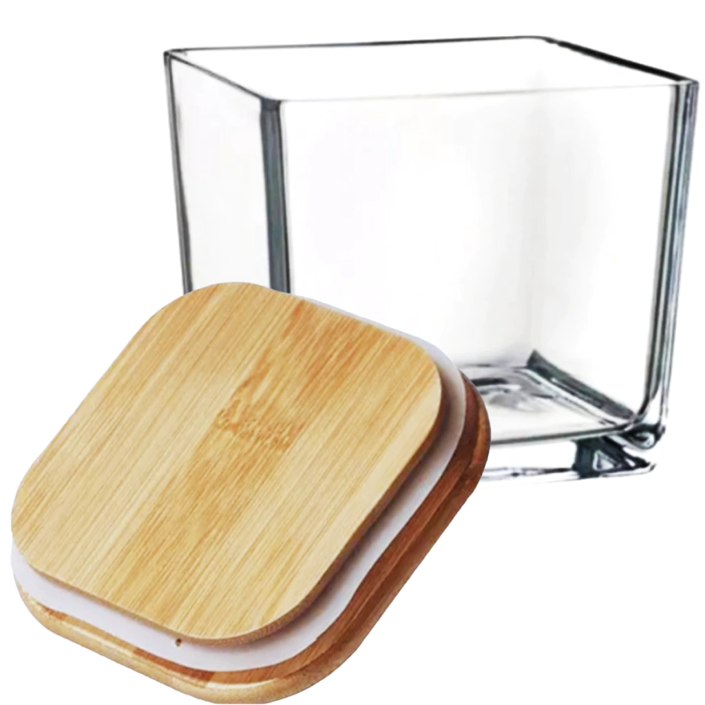 Pote de vidro quadrado 120ml com tampa de bambu natural para temperos e velas.