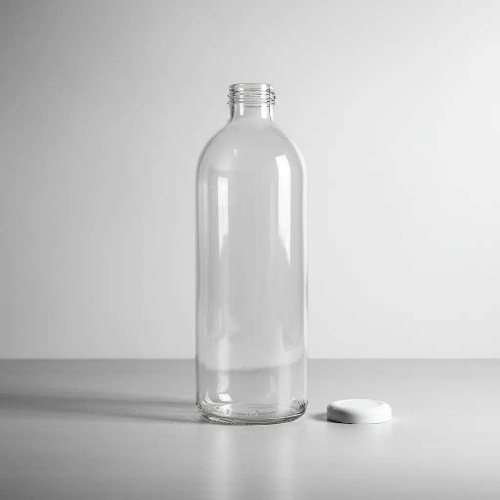Garrafa de vidro de 1 litro com bocal largo de 38mm para sucos e detox.