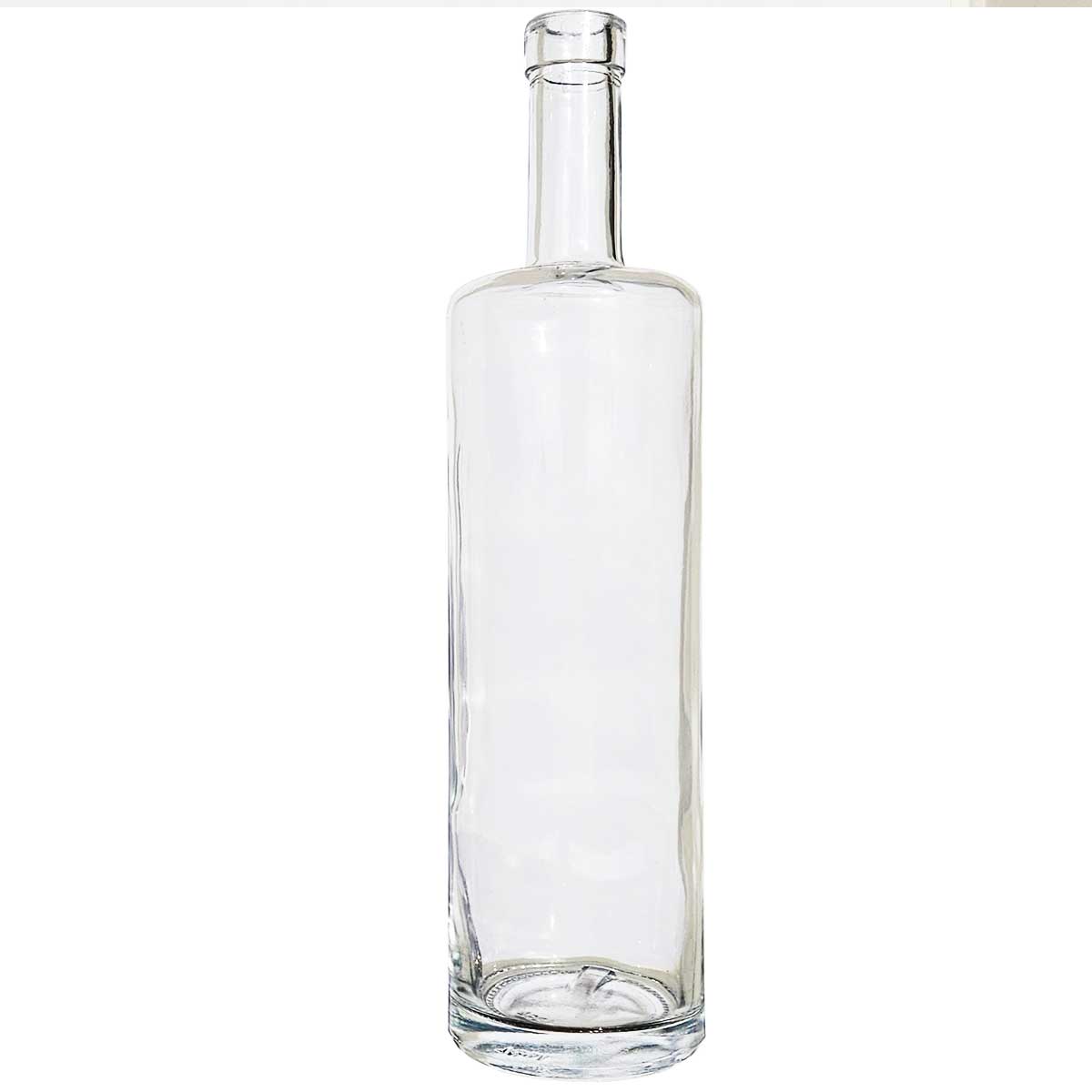 Garrafa de vidro transparente modelo Citrino 750ml, formato cilíndrico alto e fino, com base de vidro espessa e gargalo alongado para rolha.