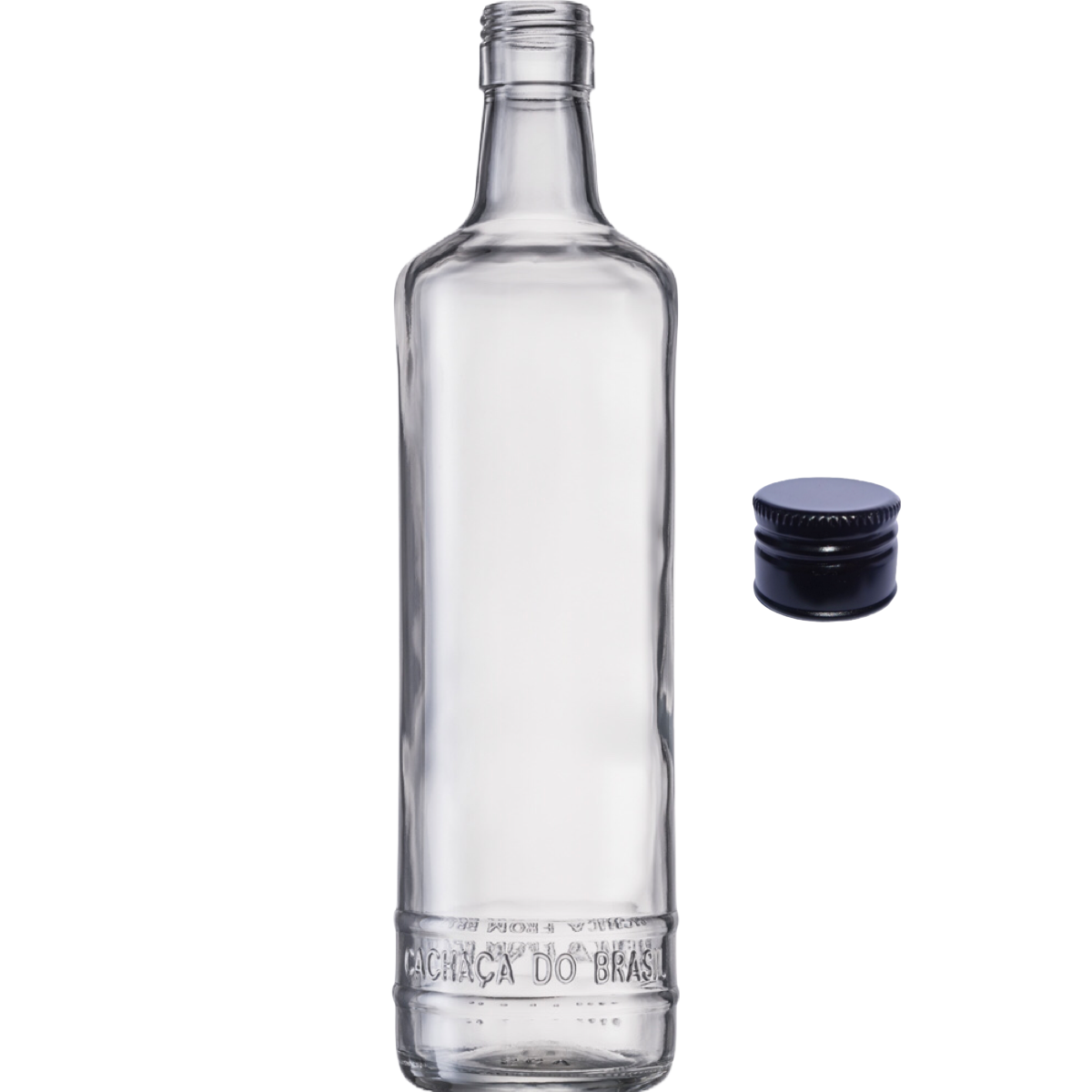 Garrafa de vidro modelo Cachaça do Brasil 700ml transparente tradicional.