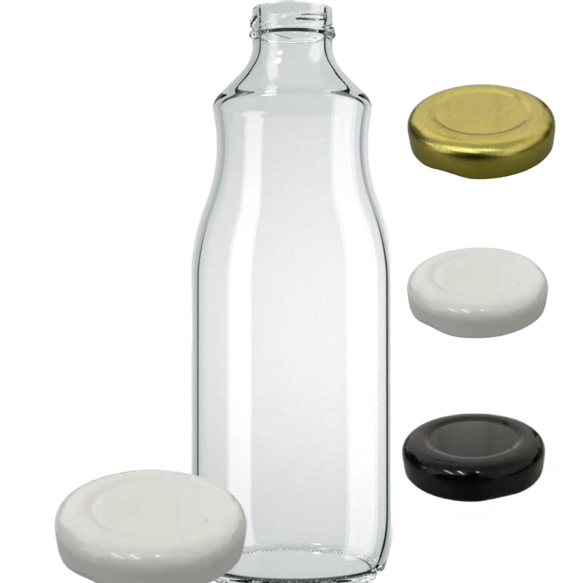 Garrafa de vidro de 1 litro com bocal largo de 38mm para sucos e detox.