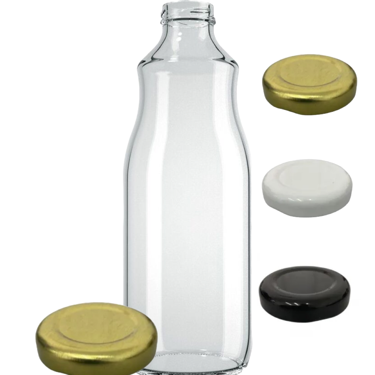 Garrafa de vidro de 1 litro com bocal largo de 38mm para sucos e detox.