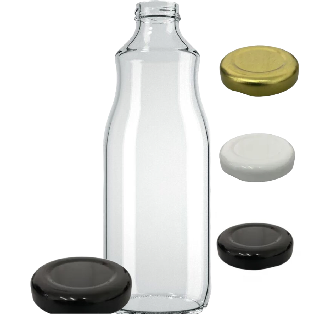 Garrafa de vidro de 1 litro com bocal largo de 38mm para sucos e detox.