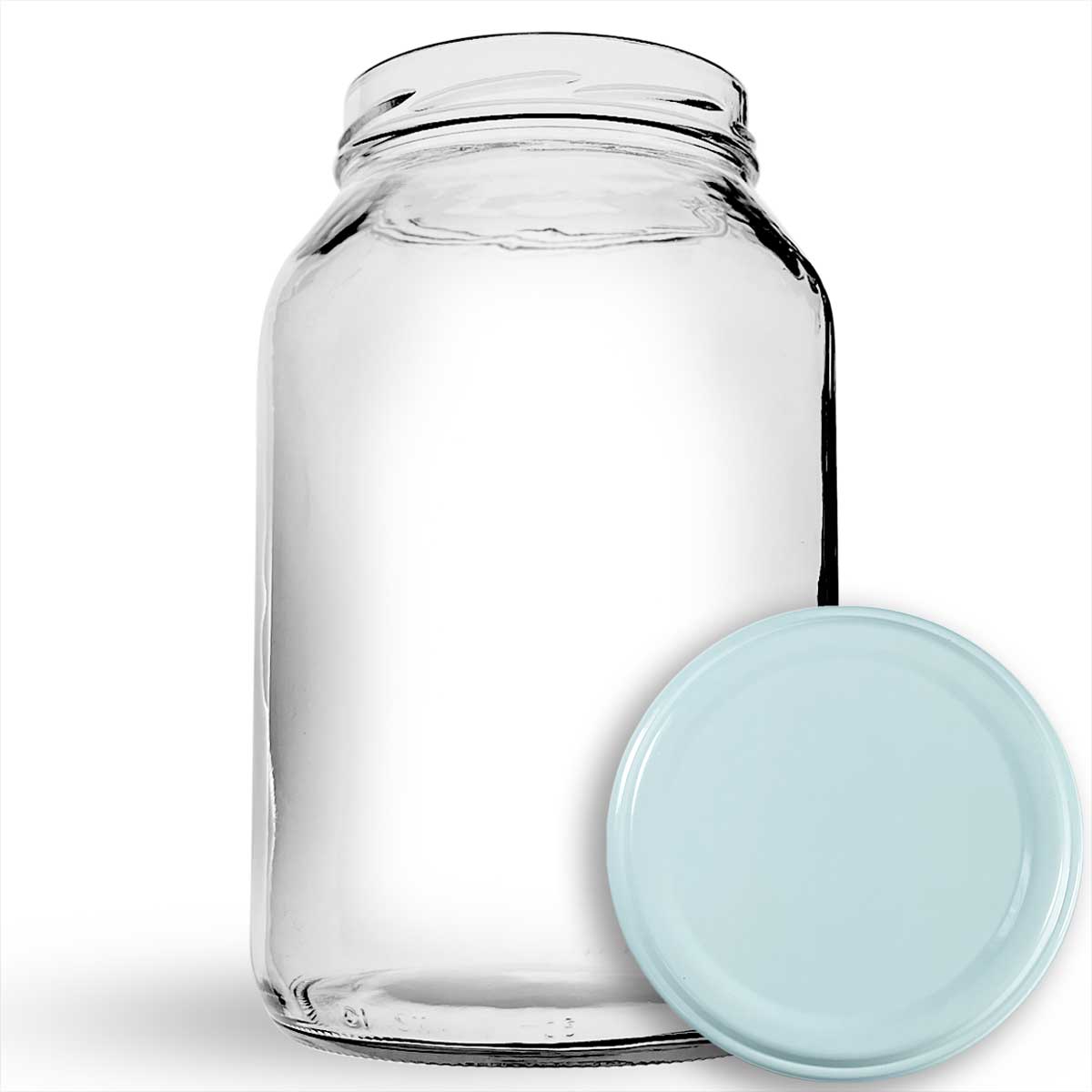 Pote de vidro grande de 3 litros vazio e transparente, destacando o bocal largo ideal para armazenamento de alimentos e conservas.