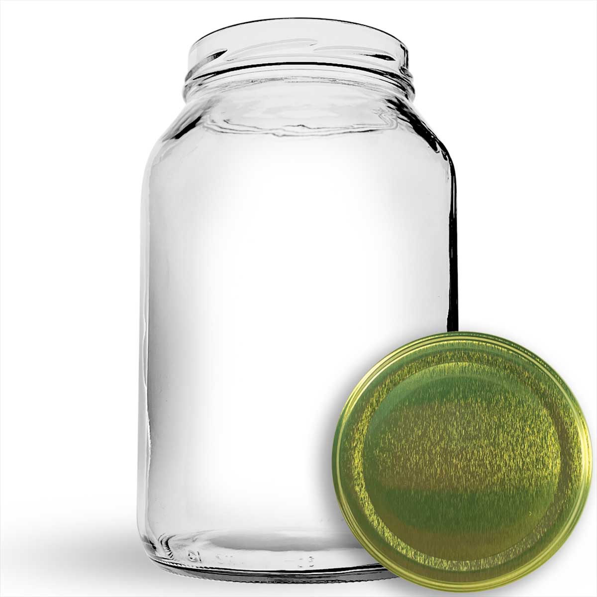 Pote de vidro grande de 3 litros vazio e transparente, destacando o bocal largo ideal para armazenamento de alimentos e conservas.