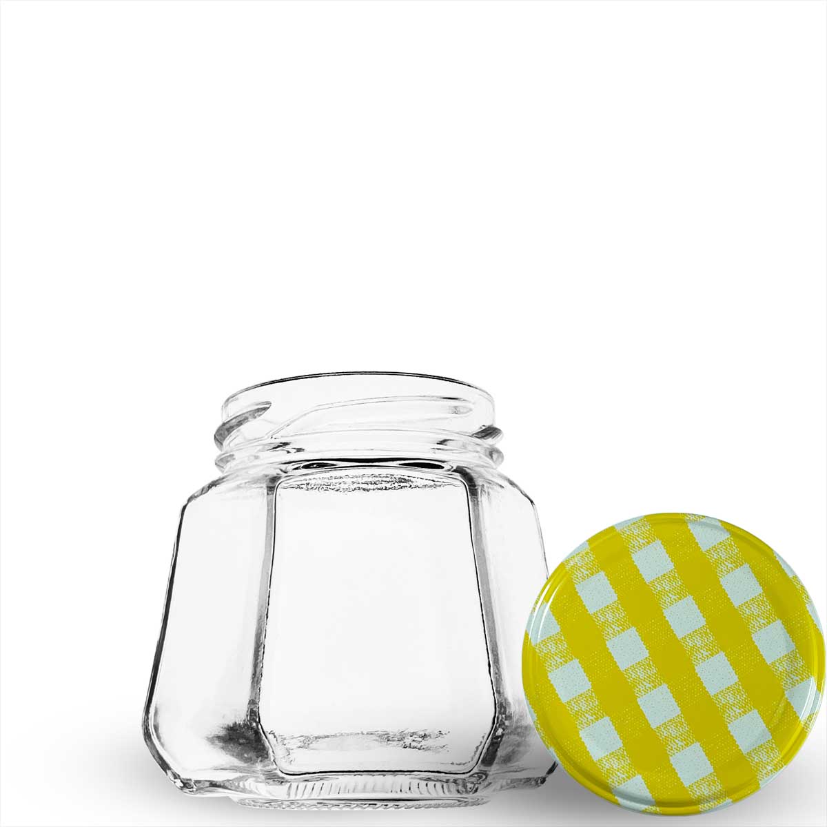 Pote de vidro sextavado 230ml. Formato de 6 faces que traz elegância para mel, geleias gourmet e lembrancinhas. Preserva 100% o sabor. Aproveite!