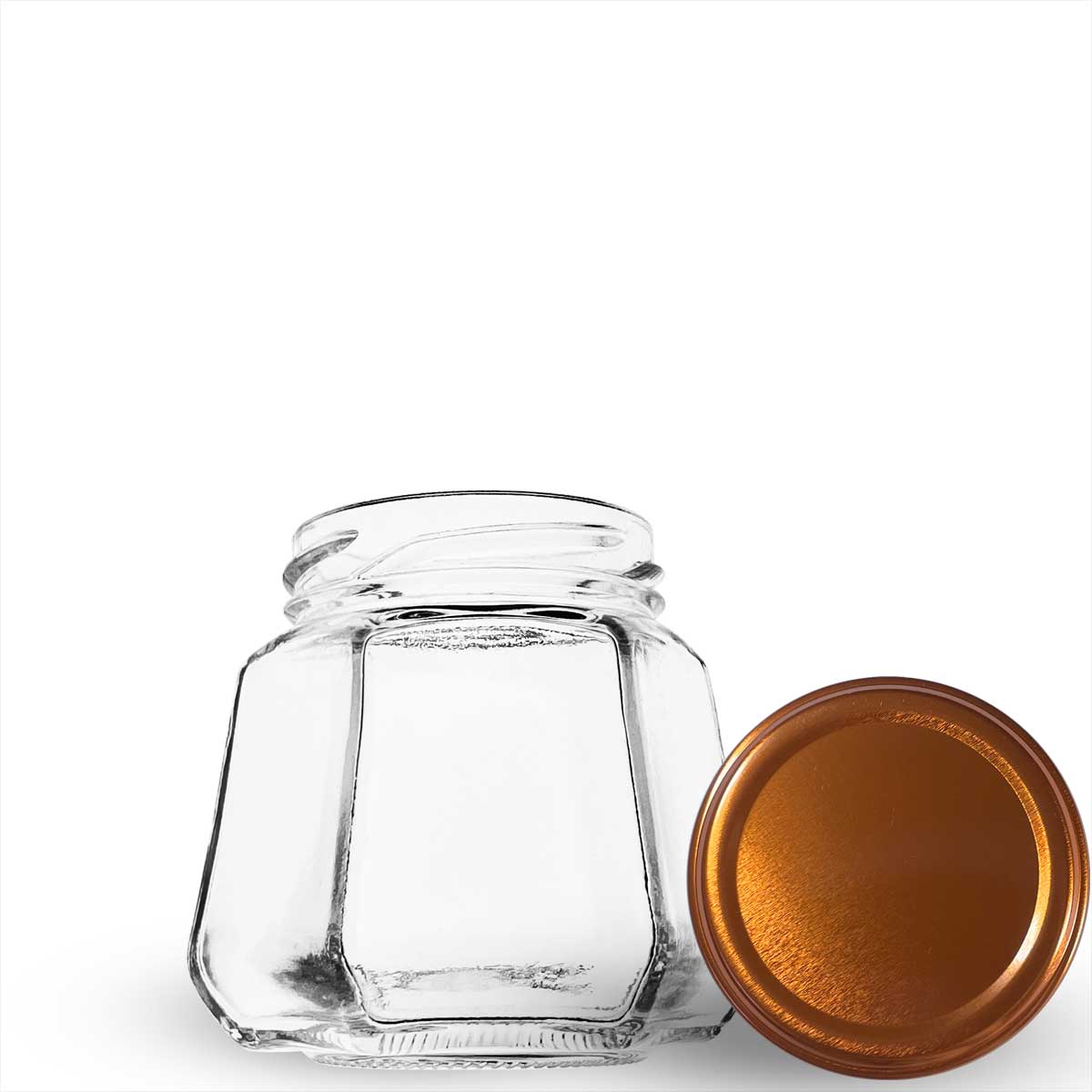 Pote de vidro sextavado 230ml. Formato de 6 faces que traz elegância para mel, geleias gourmet e lembrancinhas. Preserva 100% o sabor. Aproveite!
