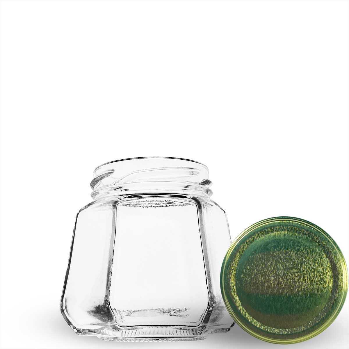 Pote de vidro sextavado 230ml. Formato de 6 faces que traz elegância para mel, geleias gourmet e lembrancinhas. Preserva 100% o sabor. Aproveite!