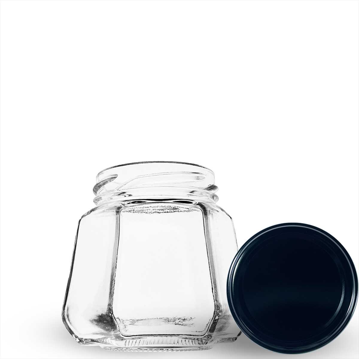 Pote de vidro sextavado 230ml. Formato de 6 faces que traz elegância para mel, geleias gourmet e lembrancinhas. Preserva 100% o sabor. Aproveite!
