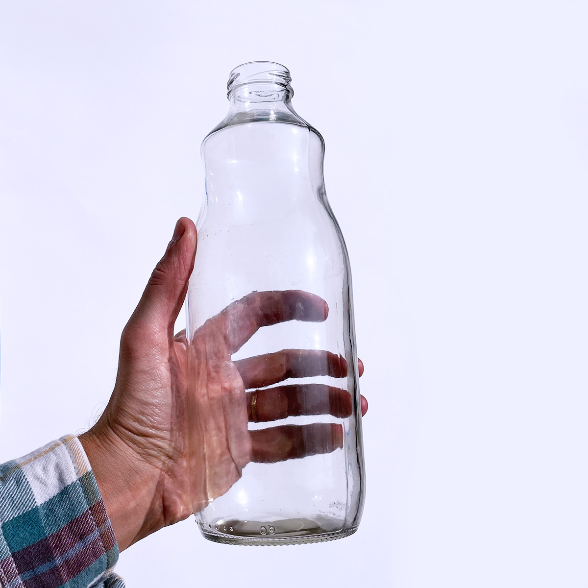 Garrafa de vidro de 1 litro com bocal largo de 38mm para sucos e detox.