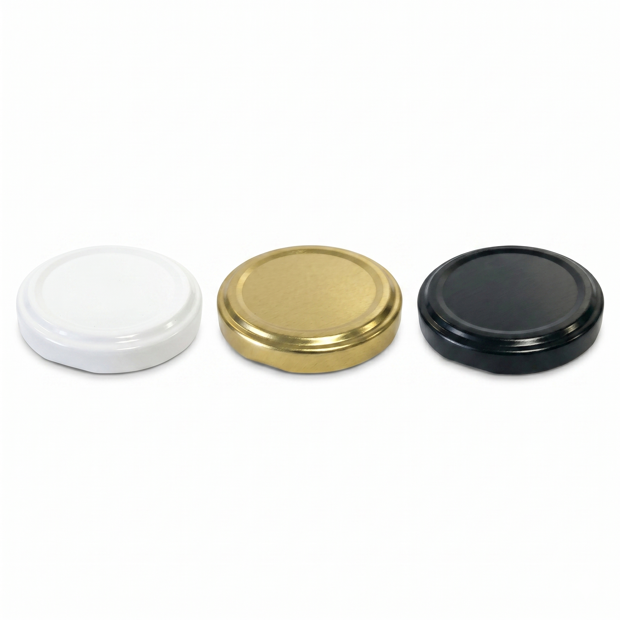 Conjunto de tampas metálicas twist-off em várias cores para potes de vidro.